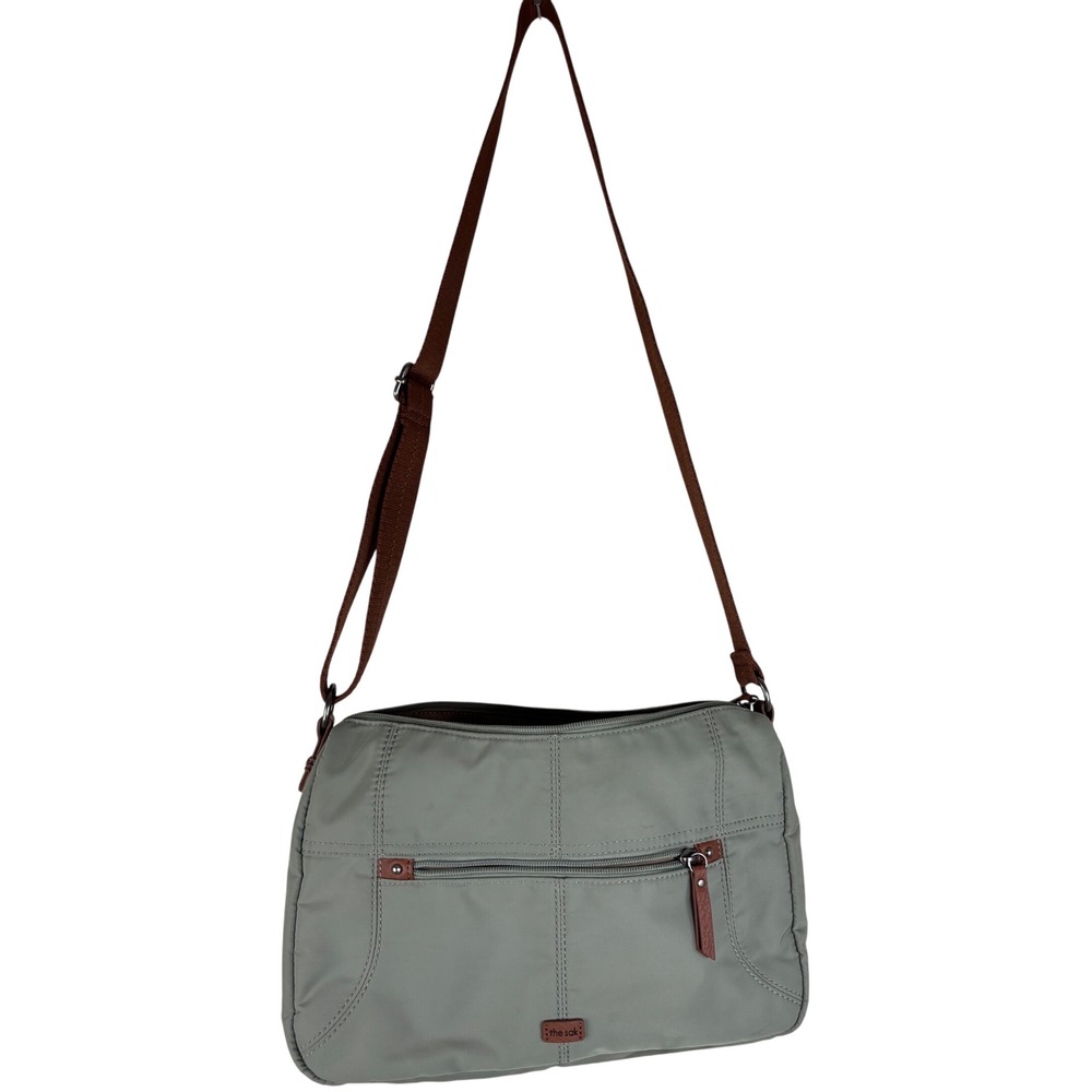 The Sak Crossbody Bag Women Sage Green Nylon Brown Trim Adjustable Strap Pockets